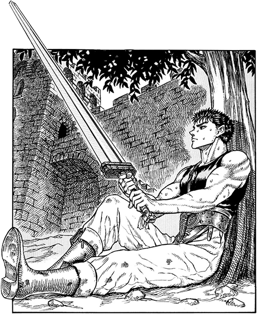 Guts sitting under a tree, holding his sword