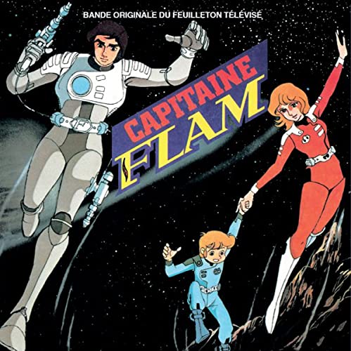 Cover of Capitaine Flam album. Pictured: A cartoon man, woman and child enjoying their time in space.